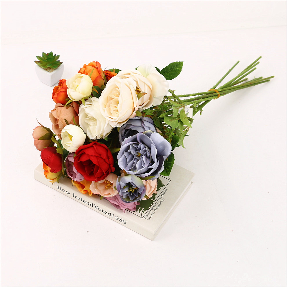 仿真花假花玫瑰花绢布塑料花束干花摆设客厅室外插花3头开心玫