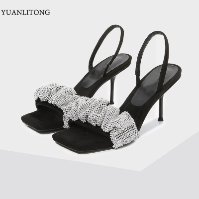 2021 Summer New Fashion Sandals Same Style as Yang Mi Rhinestone Back Strap Open Toe Fashion Square Toe Stiletto Women's Shoes