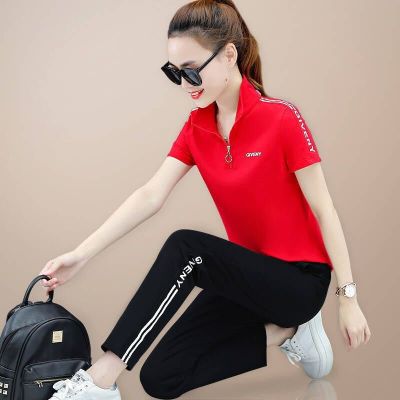 Women's Sports Suit 2021 Summer New Fashion plus Size Zipper Stand Collar Short-Sleeved Trousers Casual Student Two-Piece Suit