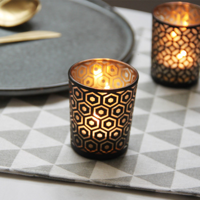 Simple Modern Black Gold Geometric Pattern Glass Candlestick DIY Fragrant Hollow Cup Romantic Furnishings