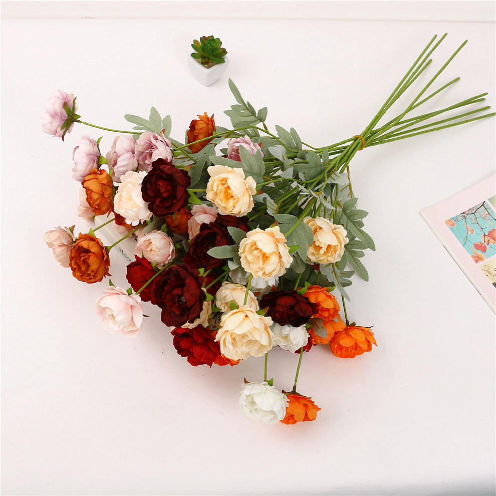 仿真花假花6头玲珑牡丹绢布塑料花束干花摆设客厅室外插花装饰