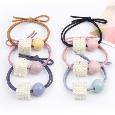Korean Style Girls' Double-Strand Hair Rope Pearl Square Hair Band Strong Pull High Elasticity Wholesale
