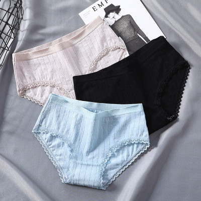 Women's Underwear Cotton Antibacterial Mid-Waist 100% Cotton plus Size Traceless Lace Edge Girl's Pants Women's Briefs
