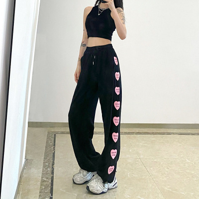 2021 European and American Street Style Women's Clothing AliExpress Foreign Trade Ins Internet Celebrity Side Heart Printing Drawstring Casual Pants for Women
