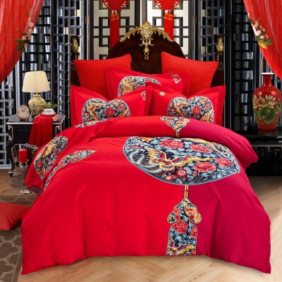 Wedding Bedding Pure Cotton Four-Piece Set Dragon and Phoenix Flower Embroidery Match Sets Wedding Wedding Wedding Quilt Pure Cotton Red Set