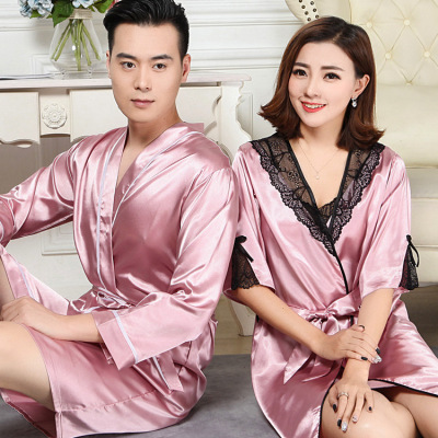 Spring Summer Men and Women Bathrobe Thin Couple Pajamas Ice Silk Lace Sexy Women's Sling Nightgown Set Special Offer