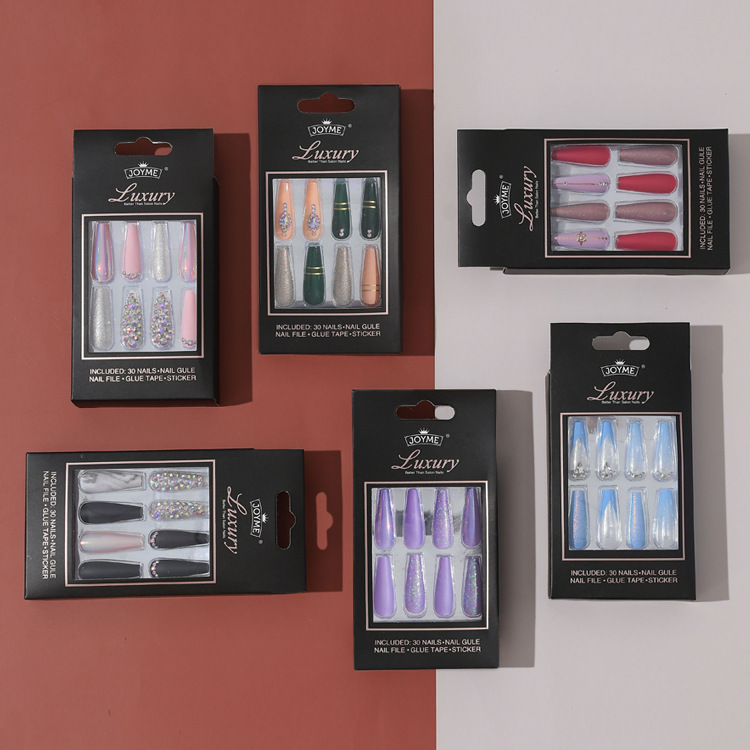 30片欧美畅销奢华点钻穿戴甲贴片成品加长穿戴芭蕾假指甲配工具包