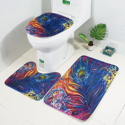 New Cross-Border Phoenix Feather Printing Toilet Floor Mat Three-Piece Bathroom Non-Slip Absorbent Carpet Set Hot Sale