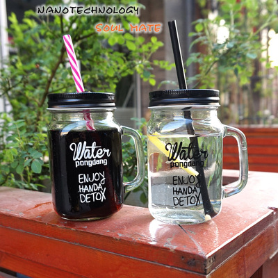 Fashion Square Coctail Glass Transparent Glass Handle Cup with Straw Cup Lid Drink Cup Couple Fruit Tea Cup