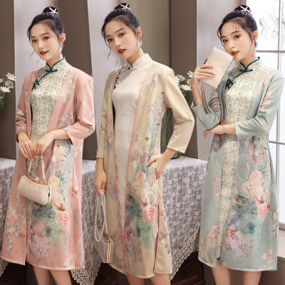 Suede Shawl Mid-Length Improved 3/4 Sleeve Cheongsam 2021 Spring Fashionable Outerwear Ao Dai Dress