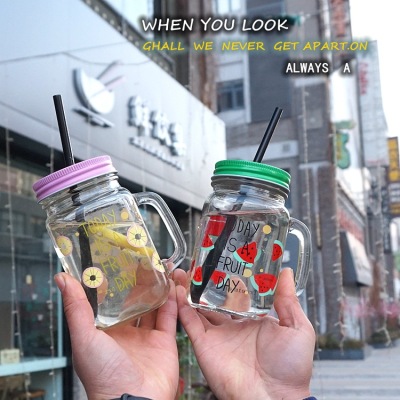 Creative Fruit Roast Flower Water Cup Straw Juice Cup Lead-Free Glass Student Drink Cup Portable Cup Coctail Glass
