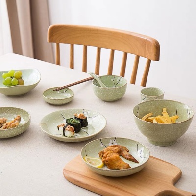 Green Plum Blossom Japanese Cherry Blossom Ceramic Tableware Household Rice Bowl Noodle Bowl Large Soup Bowl Dish Platter Plate
