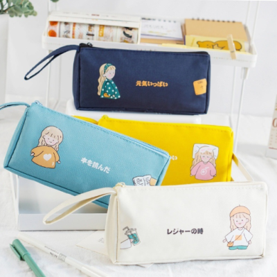 Korean Style Girl Hand-Painted Cartoon Cute Pencil Case Learning Stationery Box Office Storage Bag Simple Large Capacity Oxford Cloth