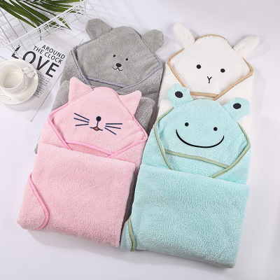 Factory Direct Sales Coral Fleece Bath Towel for Children Strong Water Absorption No Villi Slip Quick-Drying Baby Wraparound Cloth Hooded Cartoon Baby's Blanket
