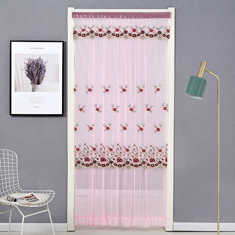 挡蚊门帘夏季纱帘双层蕾丝绣花窗帘柜帘室内隔断长帘定制一件代发