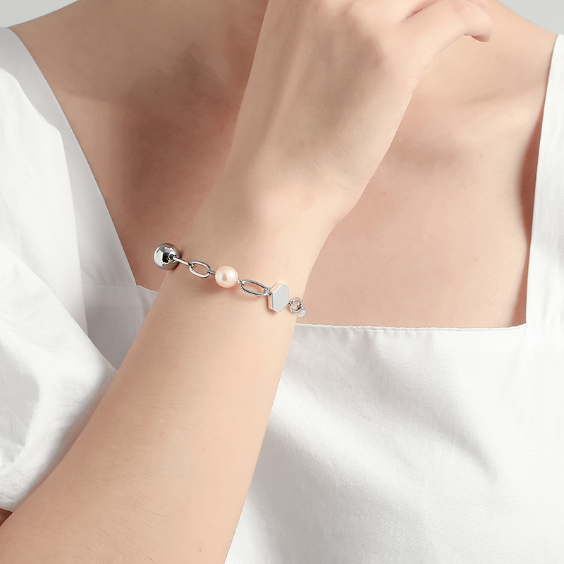 欧美跨境时尚手饰品 几何珍珠合金手链女 气质百搭个性链条手串