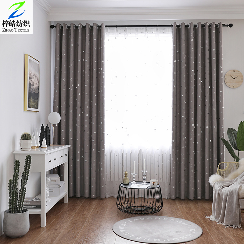 柯桥厂家直销现代简约高遮光烫银窗帘布料 可零剪支持代发 星月