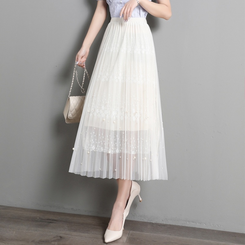ins超火裙仙女裙高腰中长款A字裙港味钉珠纱裙软妹网纱半身裙