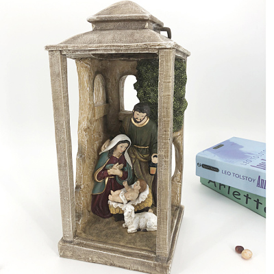 Resin Craft Ornament Christian Catholic Jesus Birth Decoration Pavilion 3-Person Group with Lights Jiayuan Porcelain Industry
