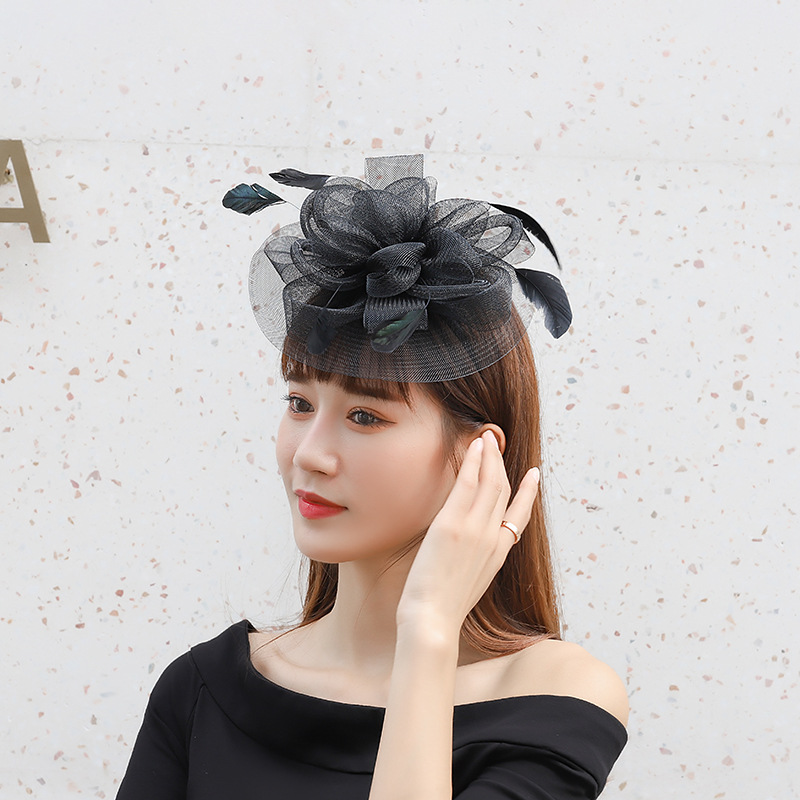 北欧多色羽毛花朵纱帽舞台演出富贵名媛头饰拍摄道具新娘礼帽厂家