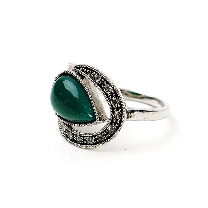 欧美复古宫廷民族风仿泰银镶钻绿宝石装饰戒指女水滴创意造型指环