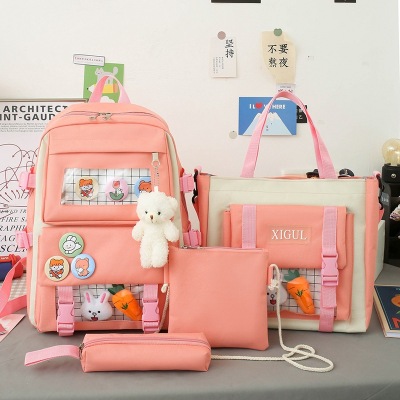 Schoolbag Female Ins Backpack Four-Piece Set Primary School Student Junior High School the Campus of Middle School Harajuku College Backpack Backpack