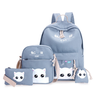 Cartoon Cute Canvas Printed Emoji Cat Four-Piece Backpack Korean College Primary School Student Schoolbag for Grade 4-6