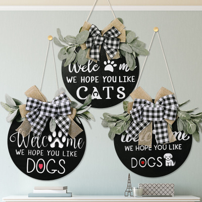 New American Country Wooden Doorplate Plaid Bow Home Wall Decoration Garland Door Decoration DogCAT