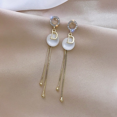 Korean Style Cool Style Long Letter D Earrings Female 925 Silver Needle New Trendy Temperament Opal Tassel Earrings