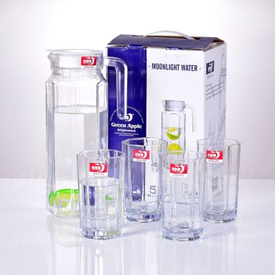 Summer Hot-Selling New Arrival Green Apple Soda Lime Glass Octagonal Drinking Ware Five-Piece Set Gift Set Promotional Gifts
