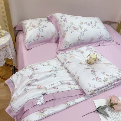 Spring and Summer New Pastoral Style 60S Lanjing Tencel Summer Duvet Digital Printing Hollow Lace Can Be Matched with Summer Quilt Four-Piece Set