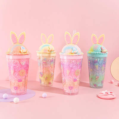 Youwu Good Product Cute Waffle Rabbit Ice Cup Cup with Straw