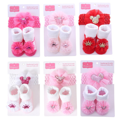 Foreign Trade Supply Bowknot Three-Dimensional Baby Socks Cute Princess European and American Baby Socks Hair Band Set