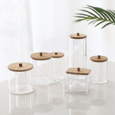 Transparent Acrylic Bamboo Cover Cotton Puff Cotton Swab Storage Box Stackable Desktop Finishing Box Condiment Dispenser Sundries Container