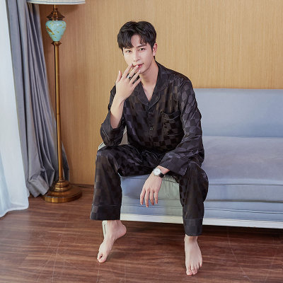 Autumn New Men's Home Wear Square Silk-like Long-Sleeved Trousers Ice Silk Cardigan Pajamas Suit Can Be Worn out