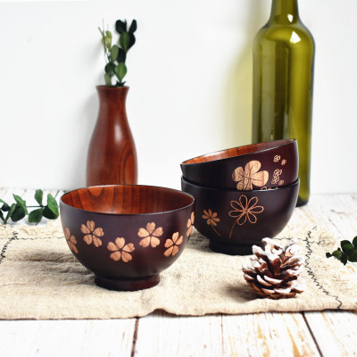 Factory Direct Sales Natural Wild Jujube Wooden Bowl outside inside Black Wood Printing Bowl Baby Adult and Children Rice Bowl Hotel Supplies
