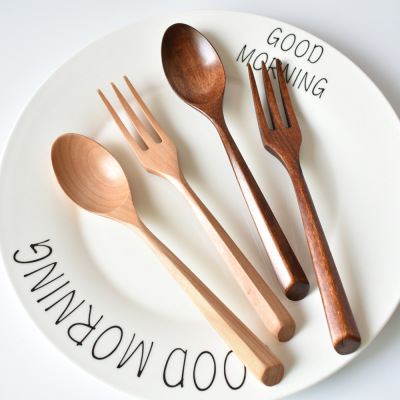 New Arrival Creative Triangle Handle Spoon Fork Two-Piece Set Simple Wooden Spoon Wooden Fork Tableware Household Tableware