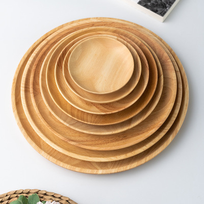 Factory Wholesale Rubber Wood Hotel Fruit Plate Wooden Tableware round Tray Disc Home Wood Tea Tray Customizable