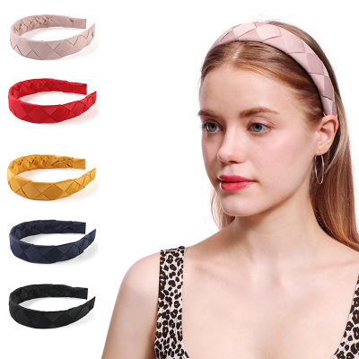 2021 New All-Match Solid Color Rhombus Twist Braid Handmade Headband Female European and American Retro Court Satin Wide-Edged Headband