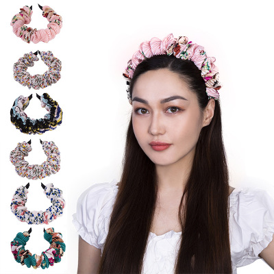 Korean Style Large Flower Satin Cloth Pleated Headband Vintage Hundred Wrinkle Headband Women's Printed Headband Fashion All-Match Headdress Wholesale