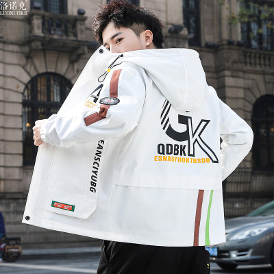 Lonock 2021 Spring/Summer Wear Hooded Casual Coat White for Men Fashion Outerwear Popular Teenagers Men's Jacket