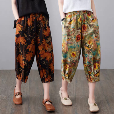 Cotton and Linen Trousers Women's 2021 Summer New Loose Retro Printing Wide-Leg Harem Pants plus Size Casual Ankle-Length Knickerbockers