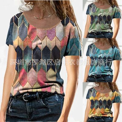 2021 European and American Short Sleeve Spring and Summer New Women's Tops Vintage Printed round Neck Loose Casual Hot Selling T-shirt