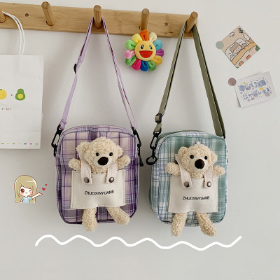 Wholesale New Japanese Style Cartoon Cute Little Bear Canvas Crossbody Shoulder Bag Korean Female Student Plaid Small Square Bag