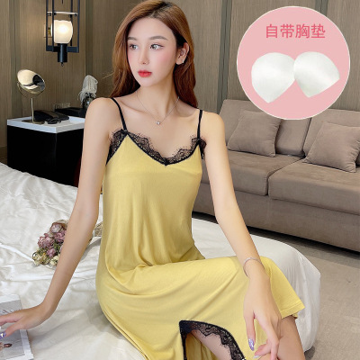 Nightdress for Women Summer Very Fairy Pajamas Suspenders Thin with Chest Pad Lace V-neck Edge Homewear