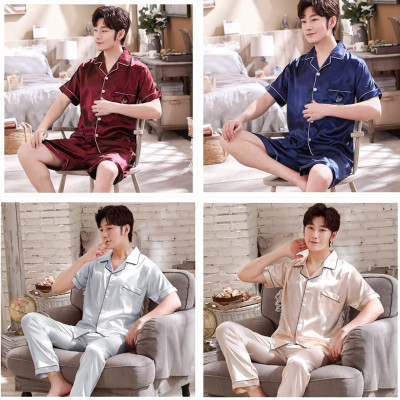 Pajamas Men's Summer Ice Silk Thin Short Sleeve Men Trousers Outerwear Homewear Cardigan Shorts Pajamas Suit