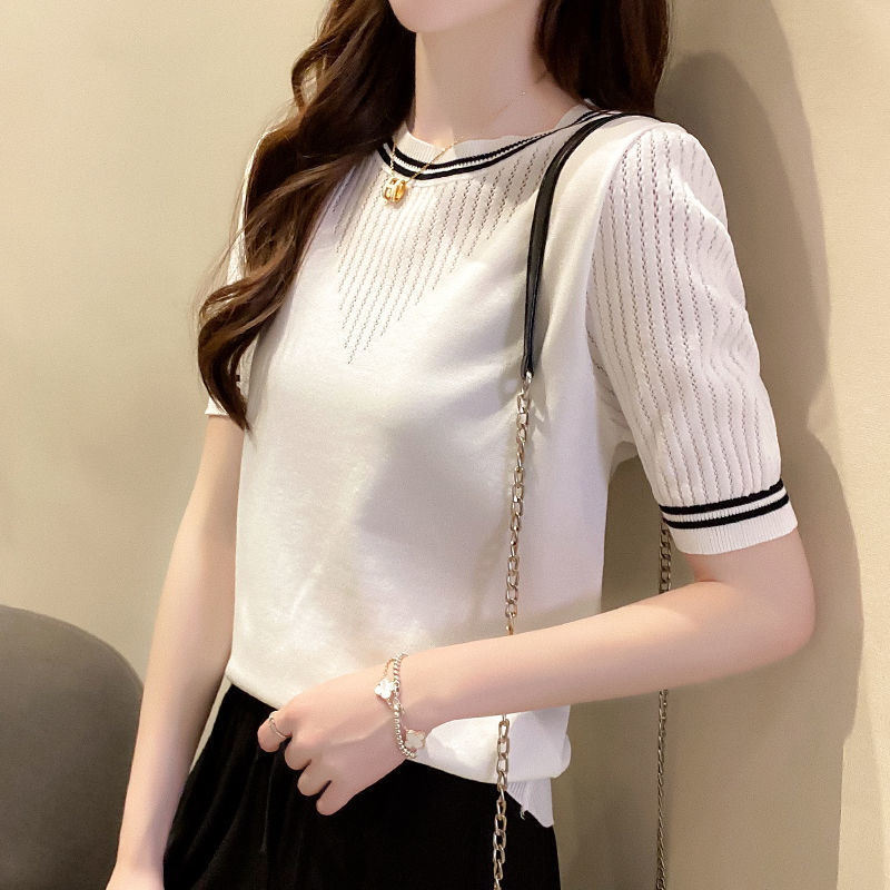 短袖t恤女女装 夏季新款圆领缕空洋气套头针织修身打底衫上衣