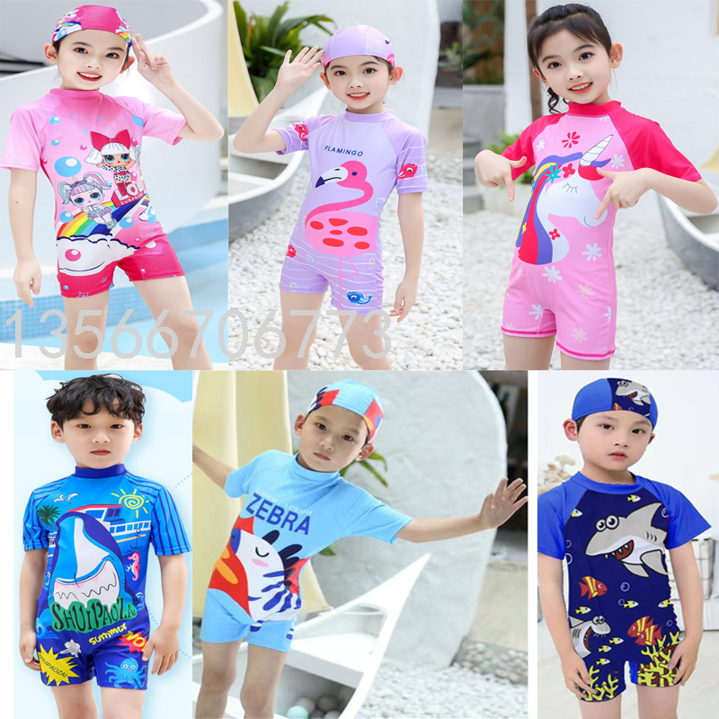 卡通男女童游泳衣短袖连体防晒温泉游泳套装带帽子儿童小孩泳装
