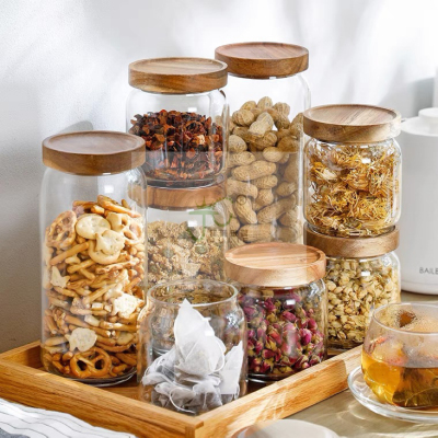 Acacia Mangium Glass Sealed Can Tea Snack Storage Jar Kitchen Coffee Jar Cereals Storage Tank