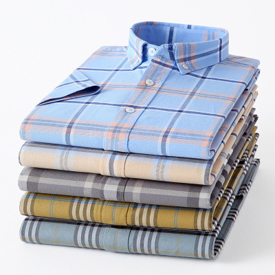 New Summer Plaid Short-Sleeved Shirt Cotton Oxford Woven Anti-Wrinkle Breathable Thin Trendy Casual Plaid Shirt for Men